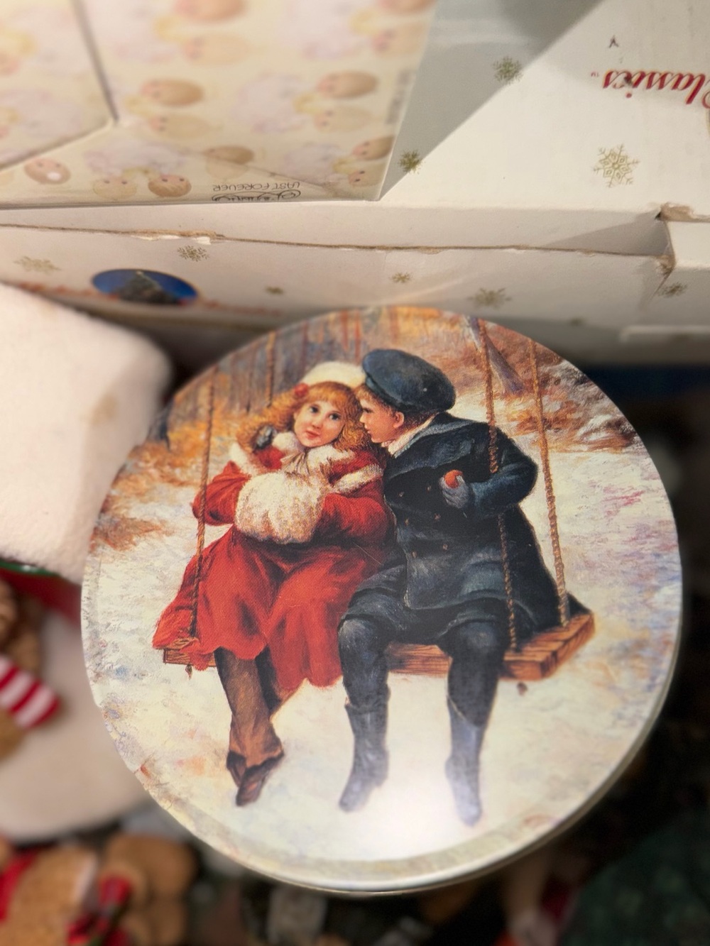Holiday Scene Decorative Tin - Red & Navy Vintage Children Design